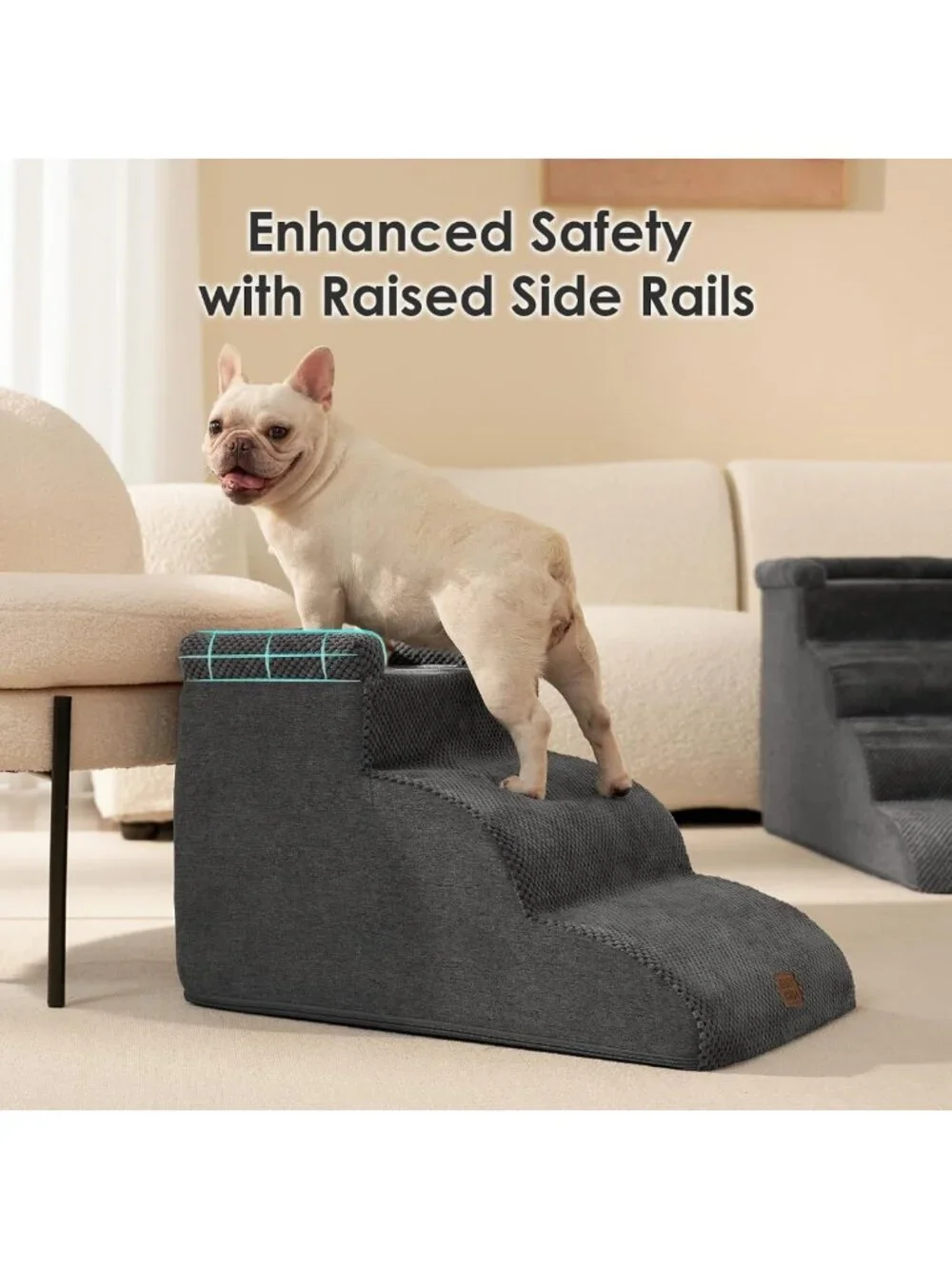 Curved 3-Step Dog Stairs for Couch, Pet Ramp for Small Dogs, Grey 14